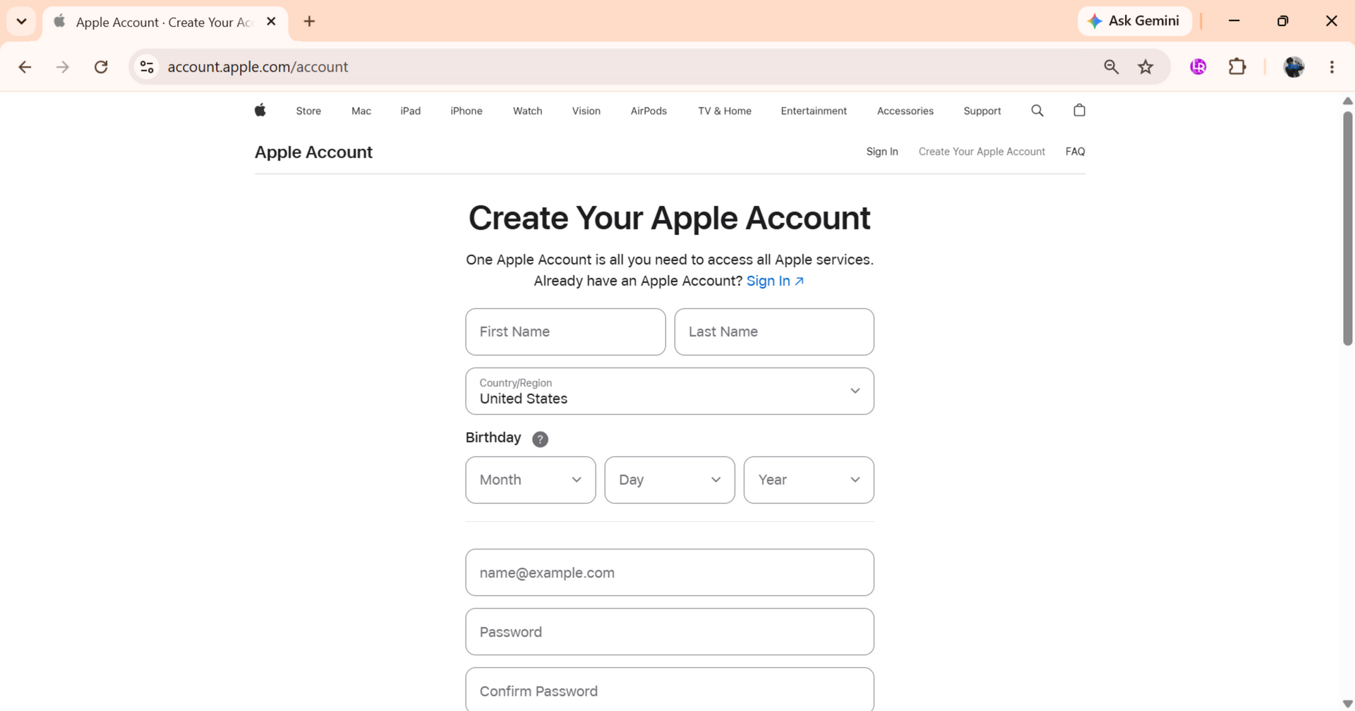 Apple Account creation page with personal information and country or region fields