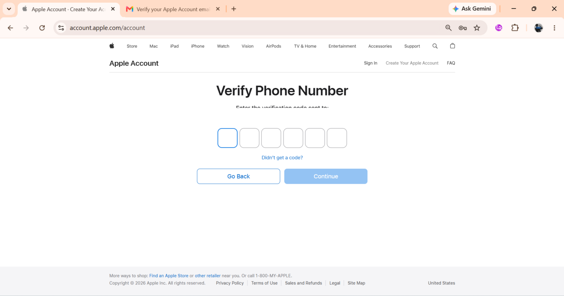 Apple Account phone number verification screen