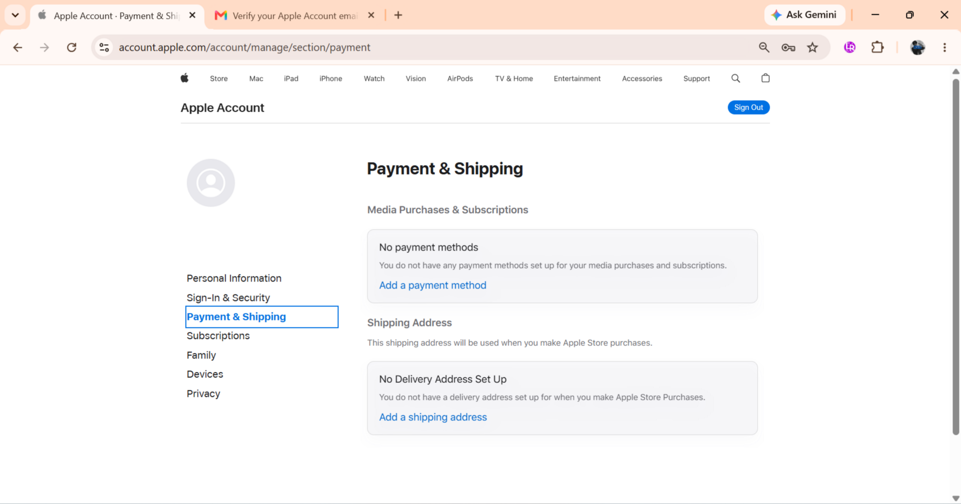 Apple Account Payment and Shipping page with payment method and shipping address options