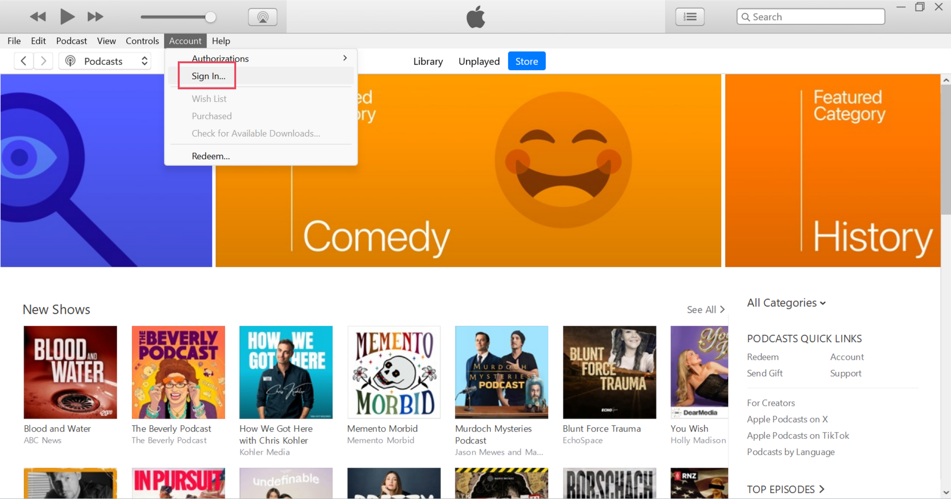 iTunes Store Account menu with the Sign In option highlighted