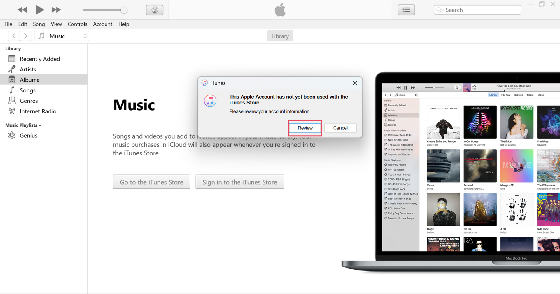 iTunes prompt asking the user to review a new Apple Account