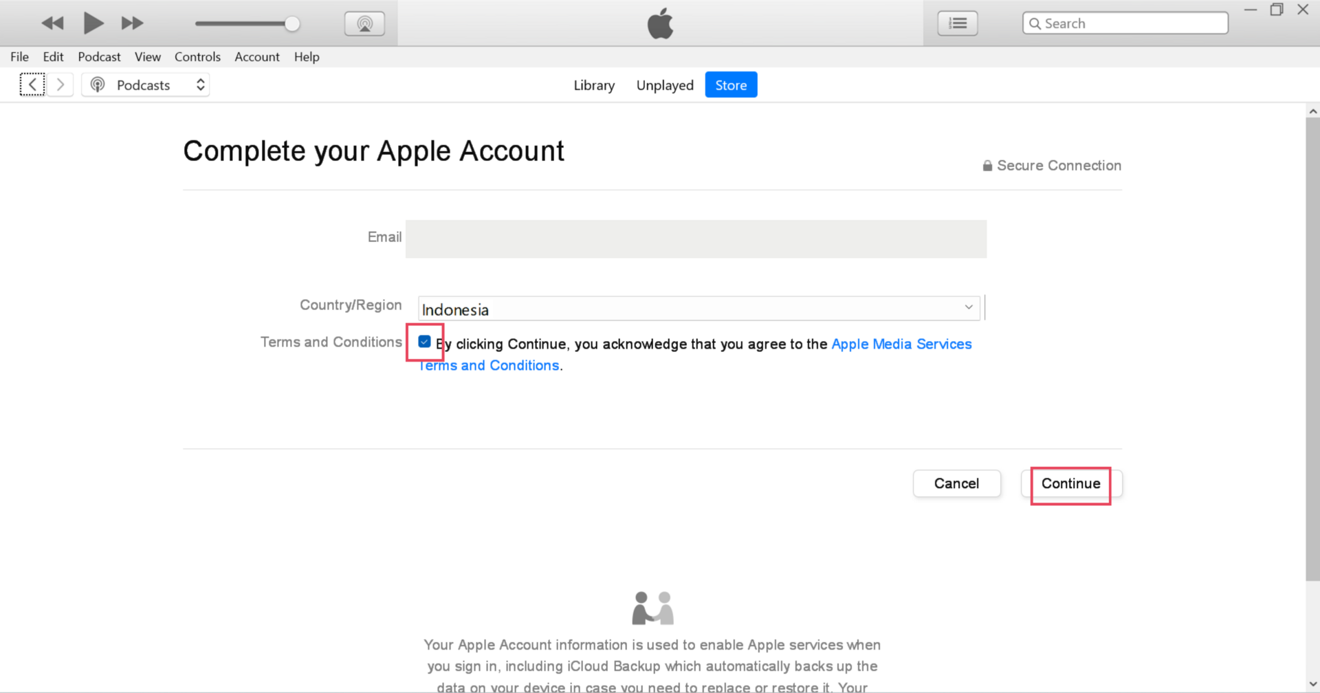 Complete your Apple Account screen with country or region and Apple Media Services terms