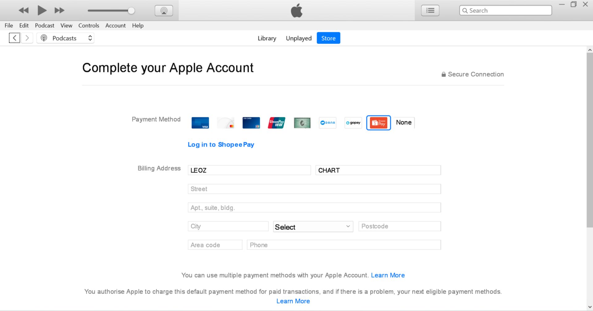 Apple Account billing form showing available payment methods and billing address fields