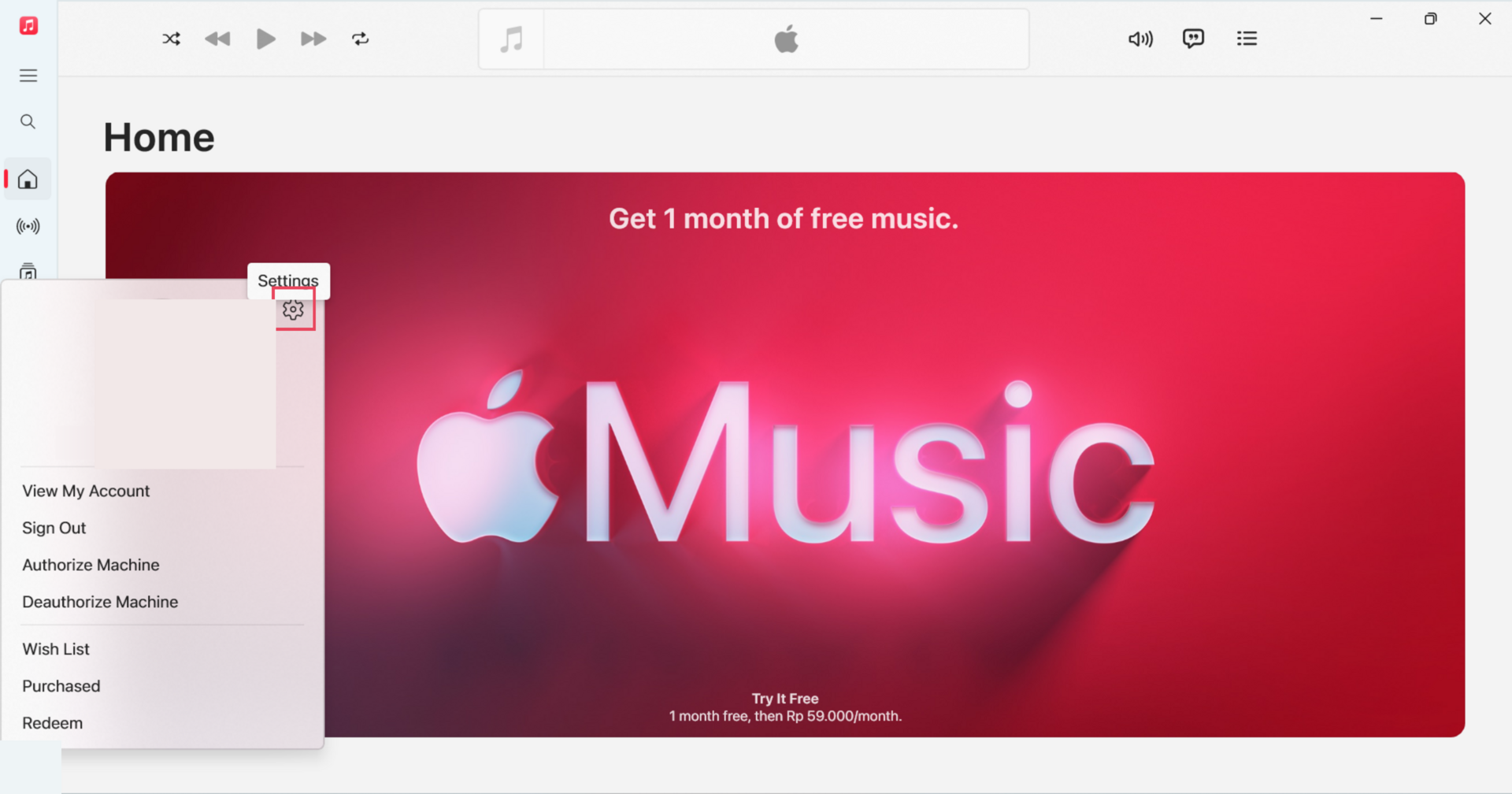 Apple Music profile menu with the Settings button highlighted