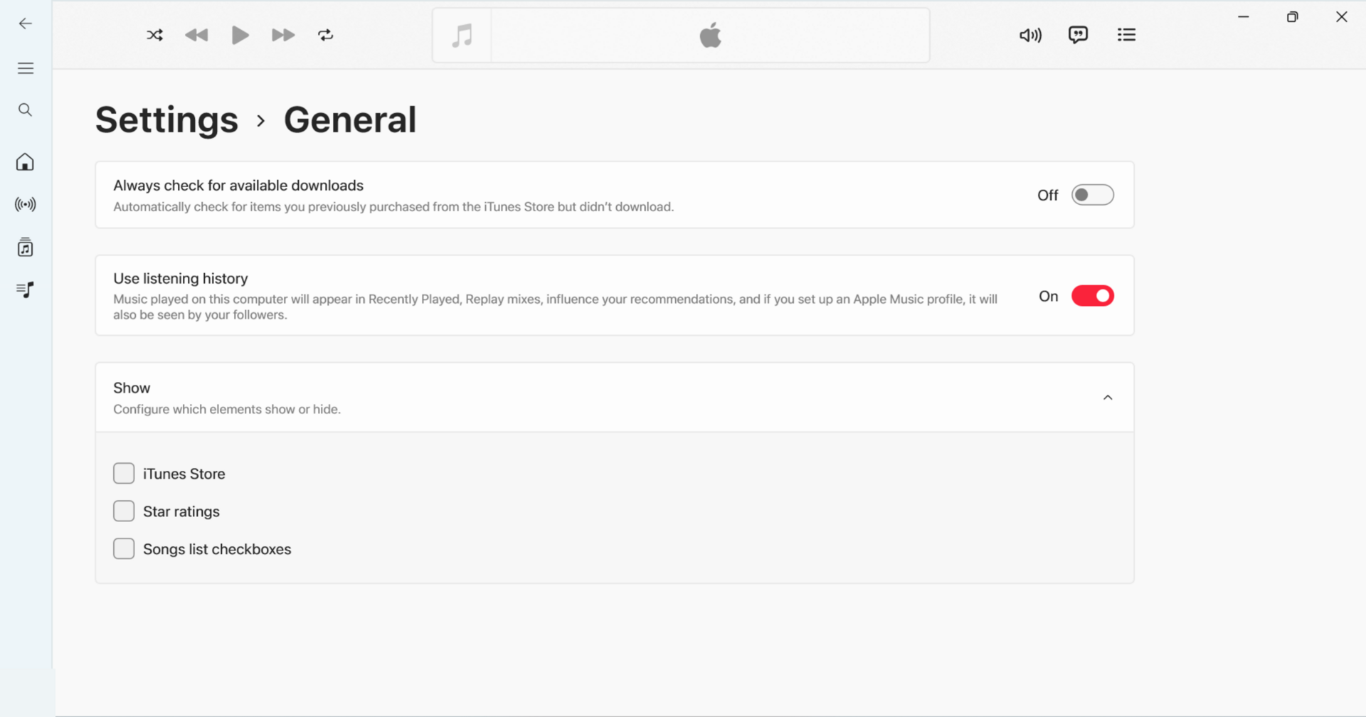 Apple Music General settings with the Show options expanded