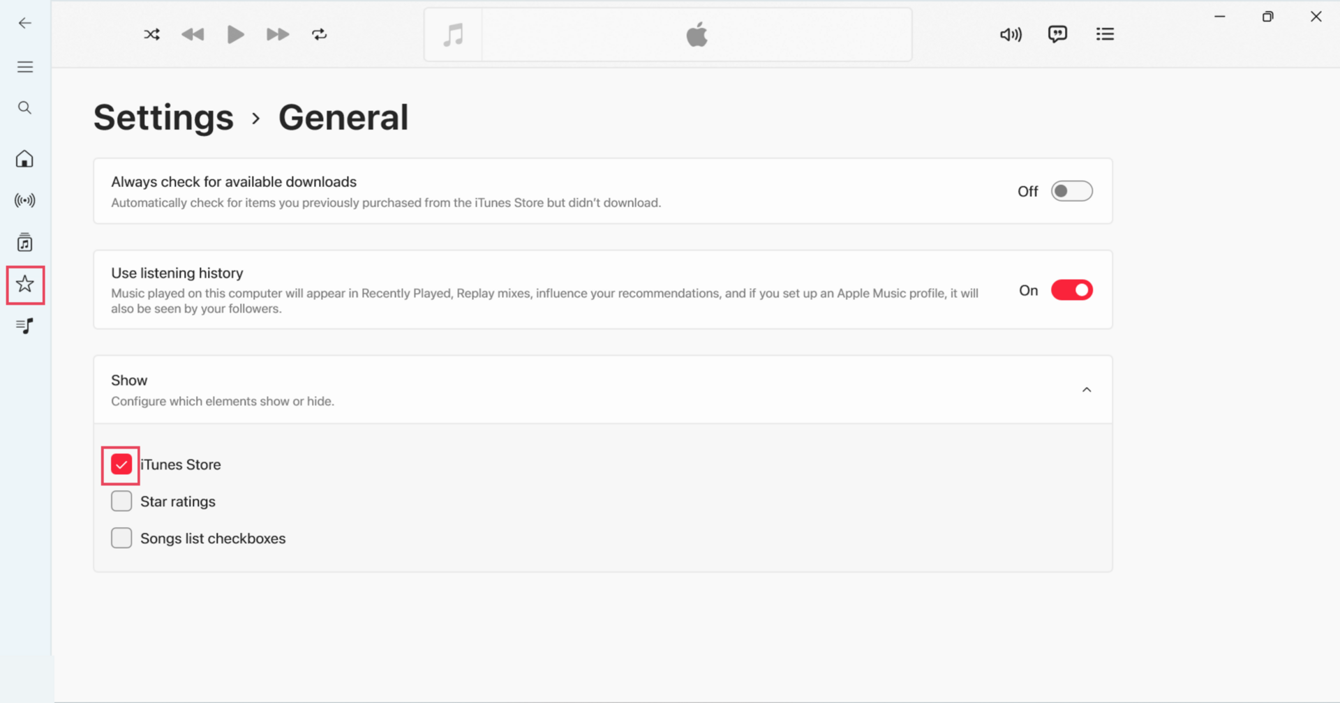 Apple Music General settings with iTunes Store enabled and visible in the sidebar