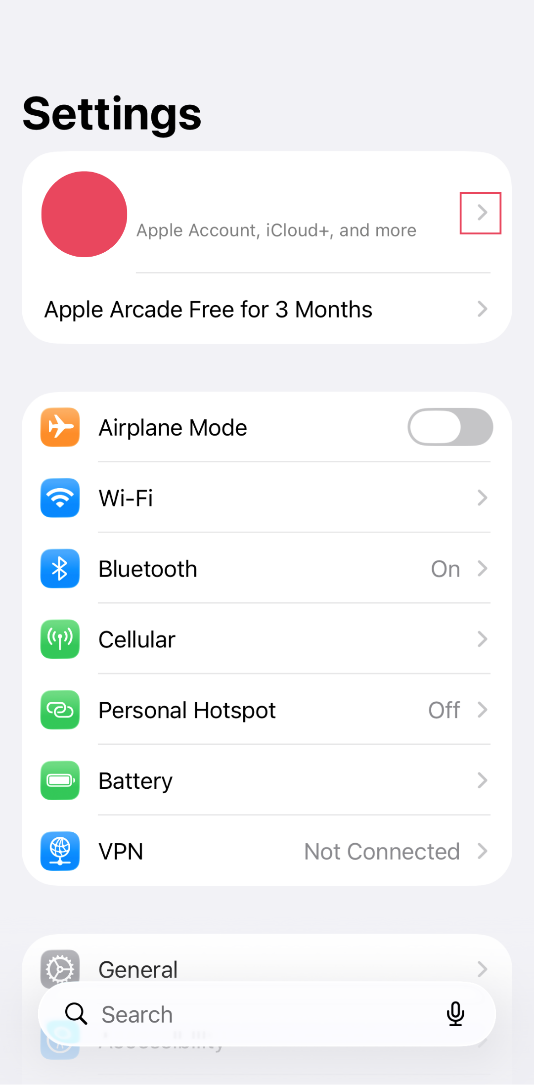 iOS Settings screen with the Apple Account profile highlighted