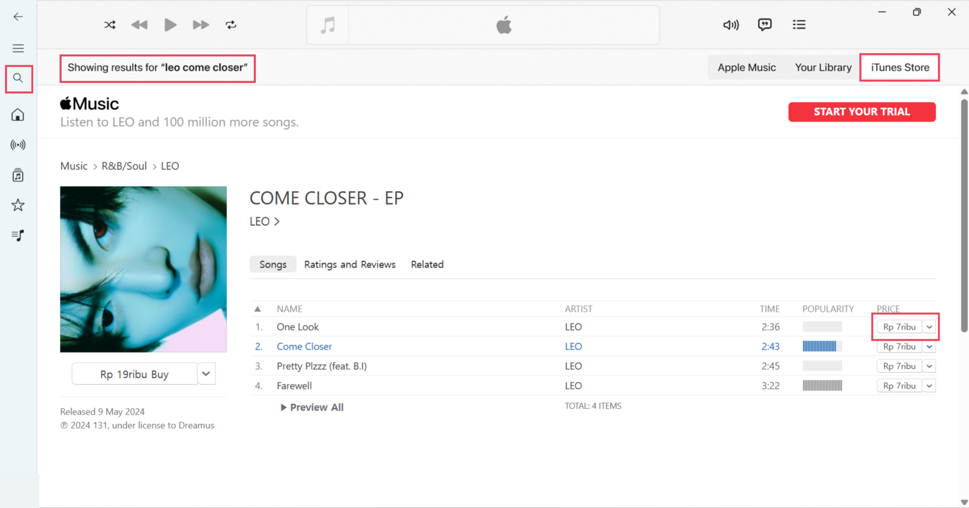 iTunes Store search results for a LEO album with track and album prices highlighted
