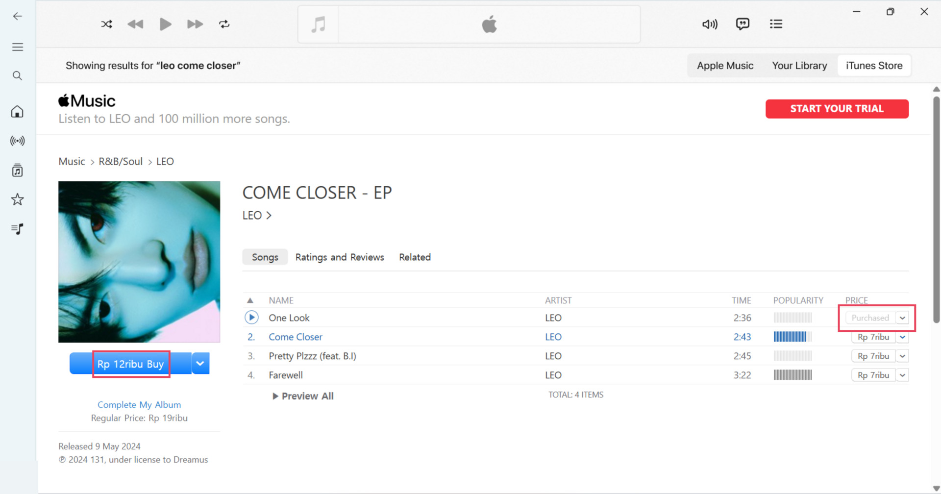 iTunes Store album page showing a purchased track and the remaining album purchase price