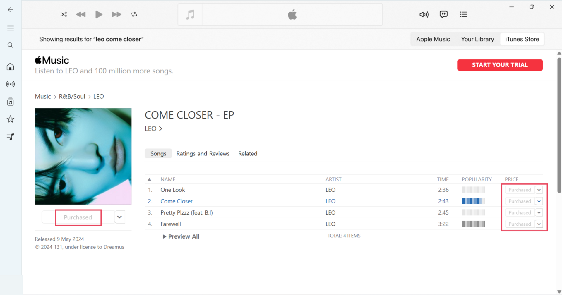 iTunes Store album page showing the individual tracks and full album marked as purchased