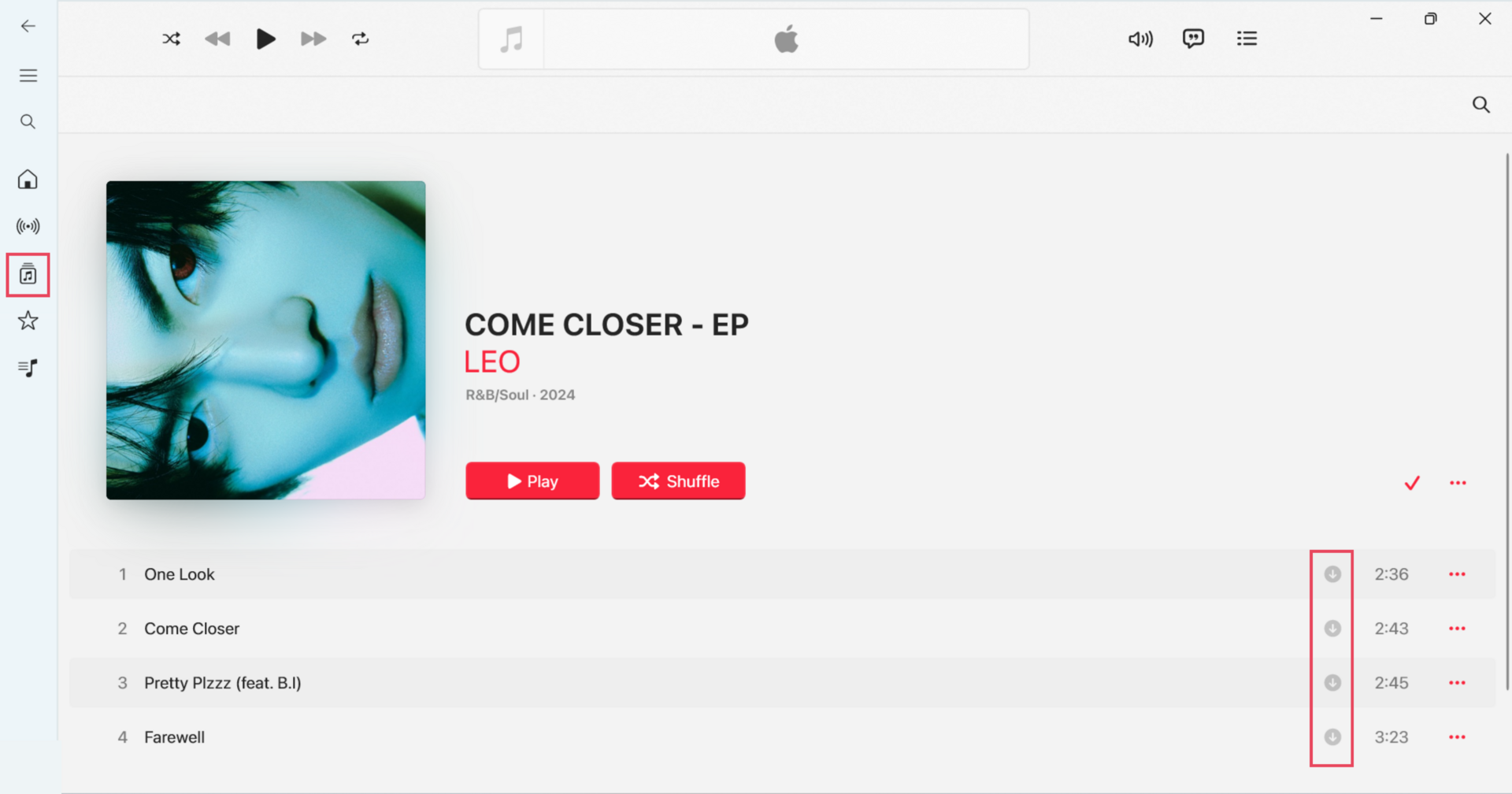 Apple Music library showing a downloaded album selected for download removal