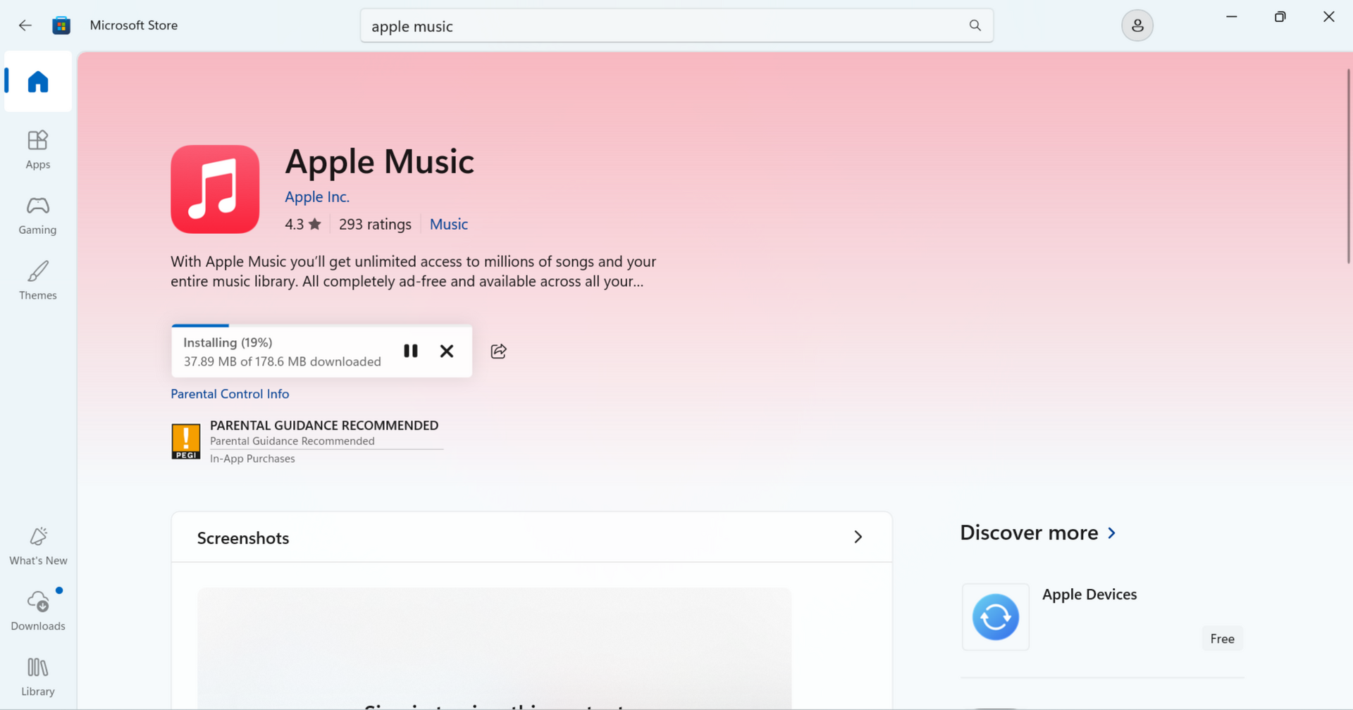 Microsoft Store Apple Music page showing the app installation in progress