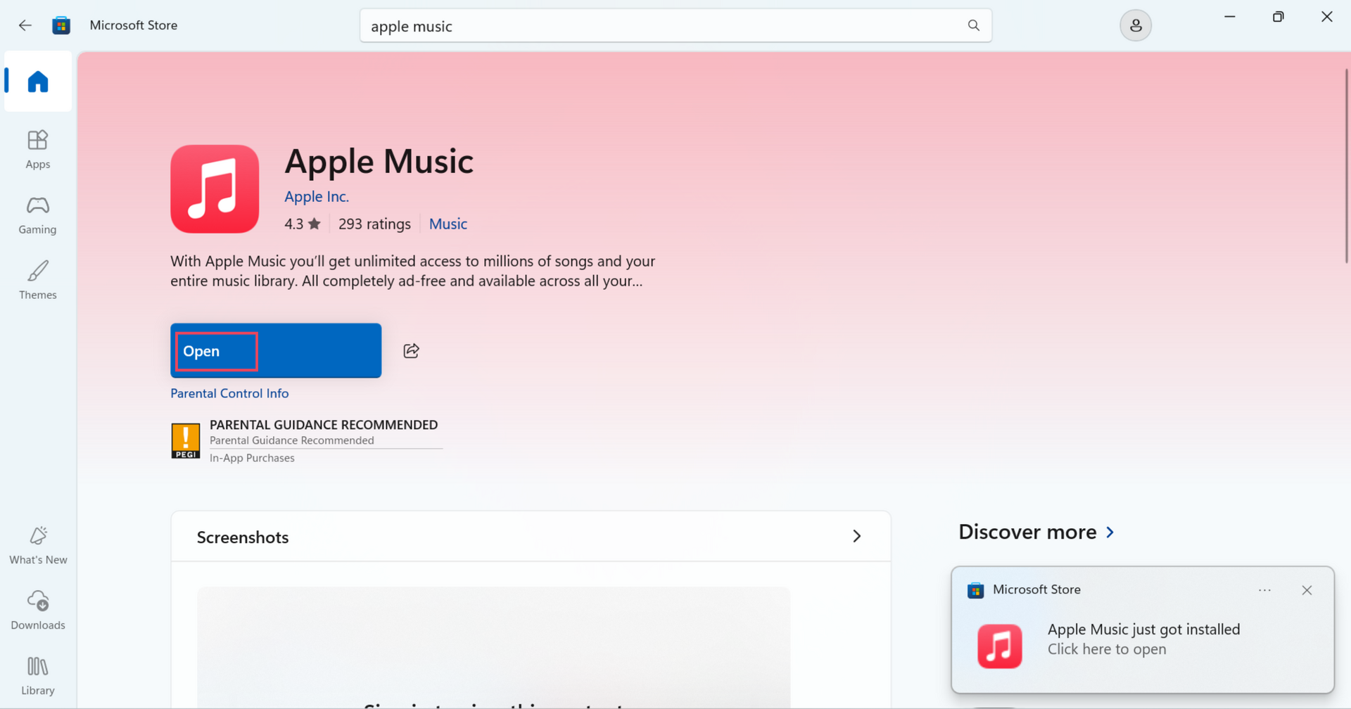 Microsoft Store Apple Music page showing the Open button after installation