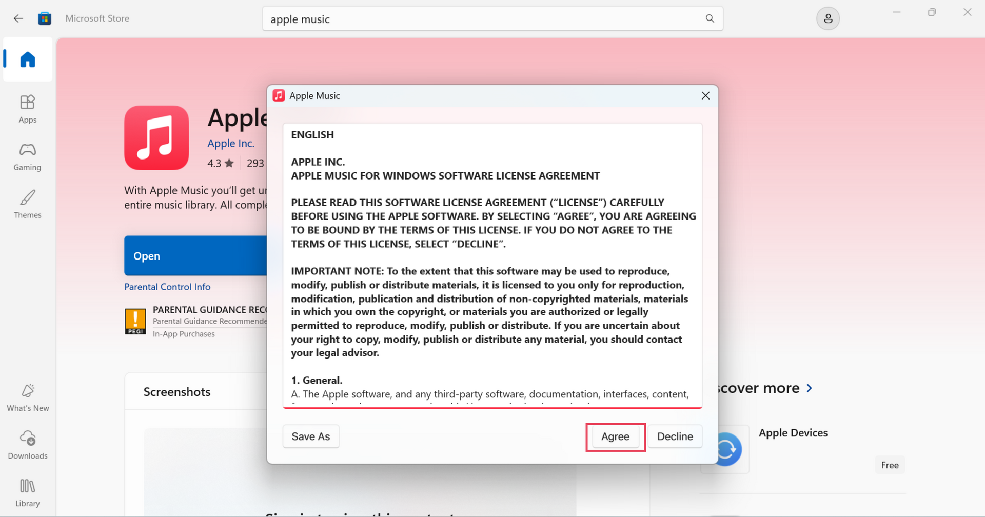 Apple Music for Windows software license agreement with the Agree button highlighted