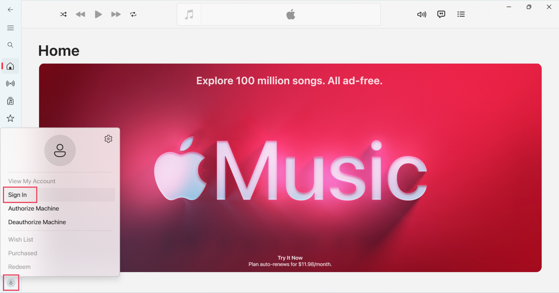 Apple Music for Windows account menu with Sign In highlighted
