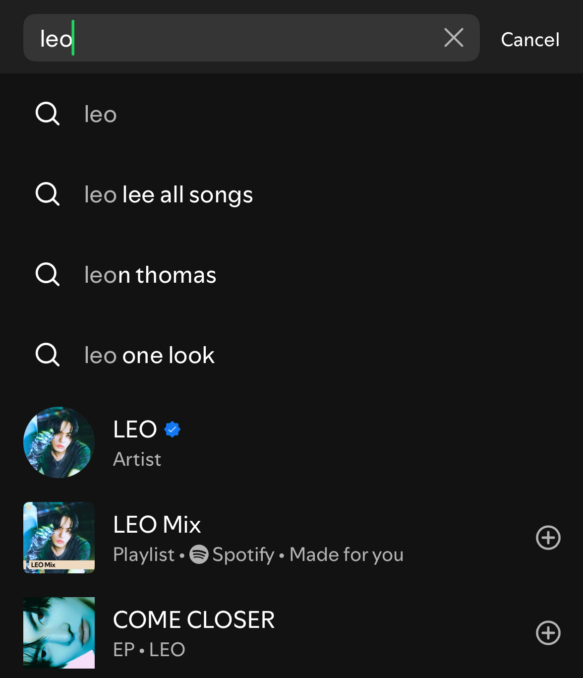 Spotify search results showing LEO’s verified artist profile
