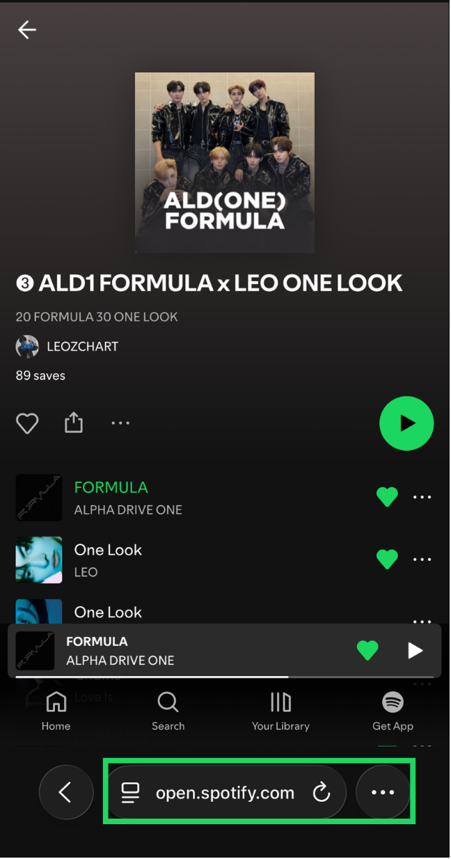 Spotify open in a mobile browser with the browser menu highlighted