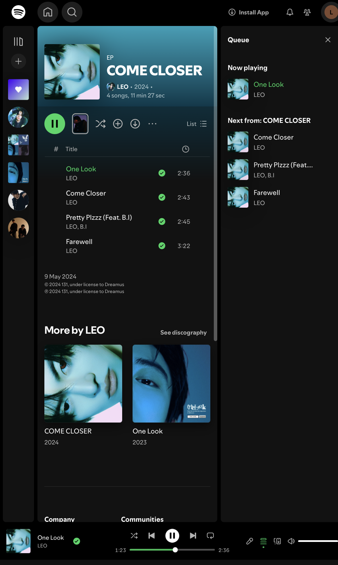 Spotify web player showing song playback from another entry point