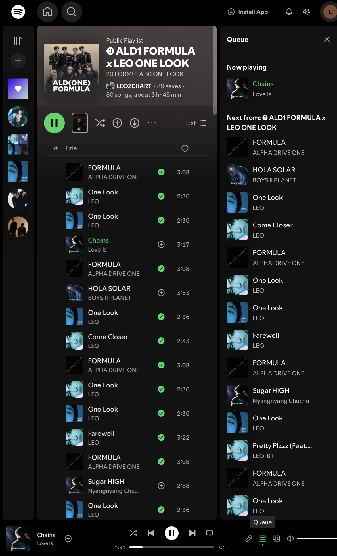 Spotify web player showing a playlist and its ordered queue