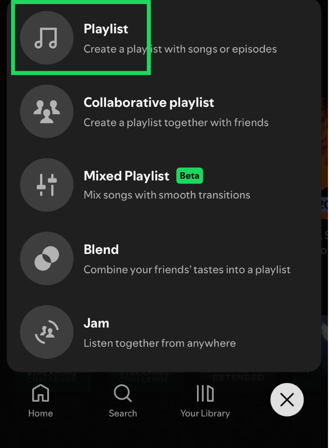 Spotify Create menu with Playlist highlighted