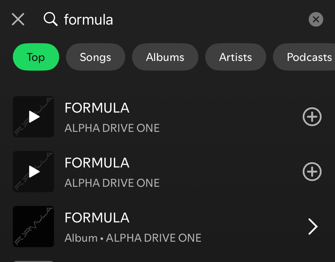 Spotify search results with controls to add songs to a playlist