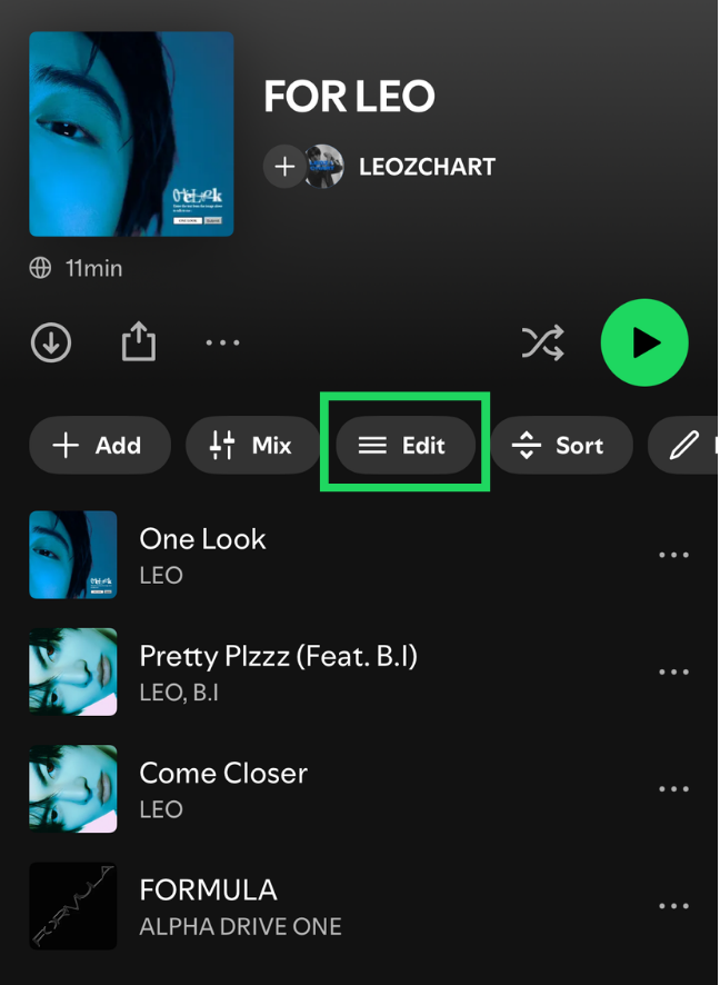 Spotify playlist screen with the Edit control highlighted