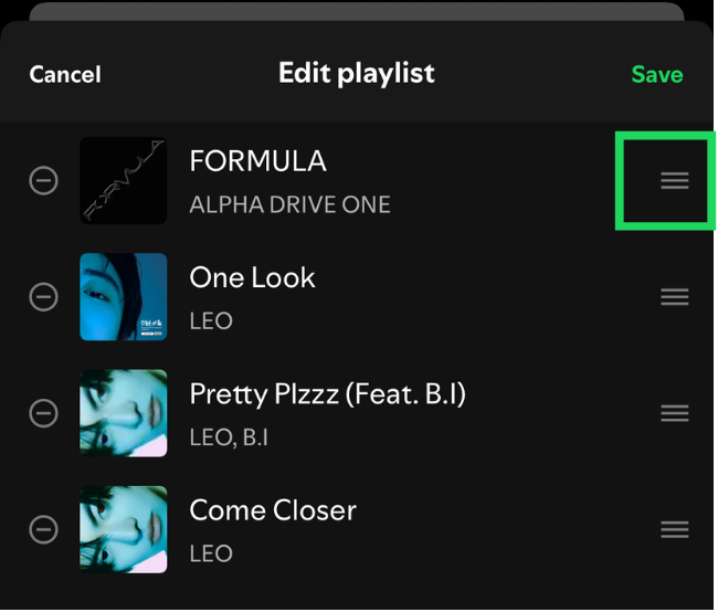 Spotify Edit playlist screen with the reorder control highlighted