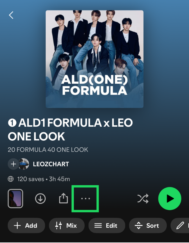 Spotify playlist screen with the more options control highlighted
