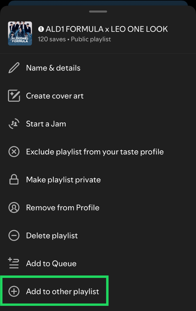 Spotify playlist options with Add to other playlist highlighted