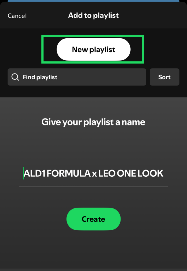 Spotify new playlist screen with the New playlist option and playlist name field