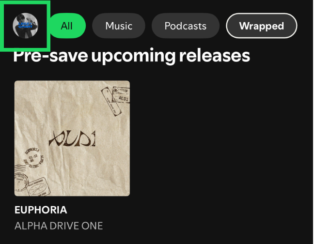 Spotify home screen with the profile picture highlighted