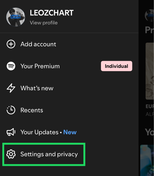 Spotify account menu with Settings and privacy highlighted