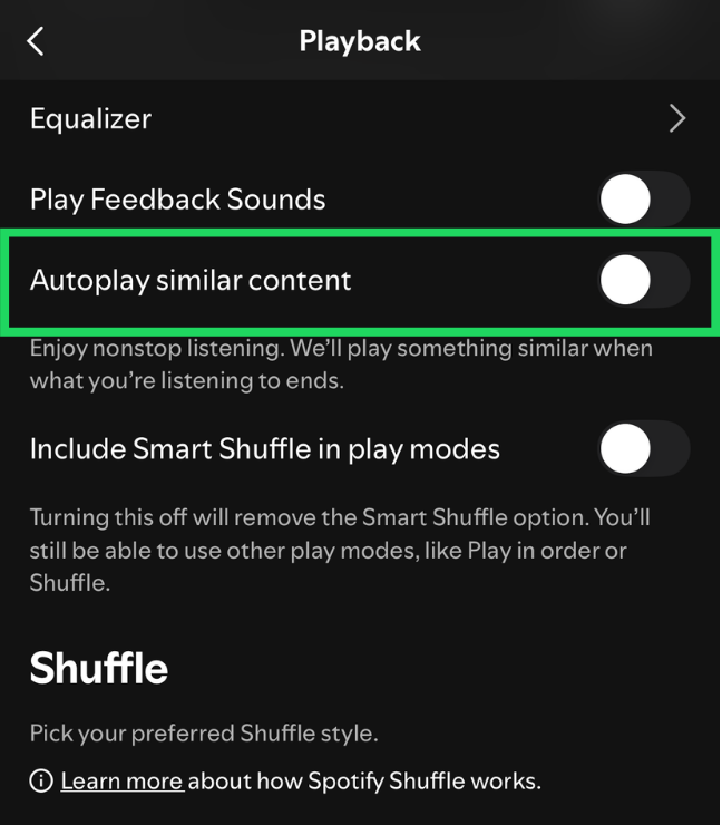 Spotify playback settings with Autoplay similar content highlighted and switched off