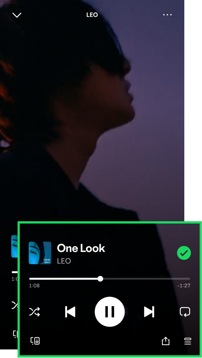 Spotify Premium playback controls with the saved-song, shuffle, and repeat controls highlighted