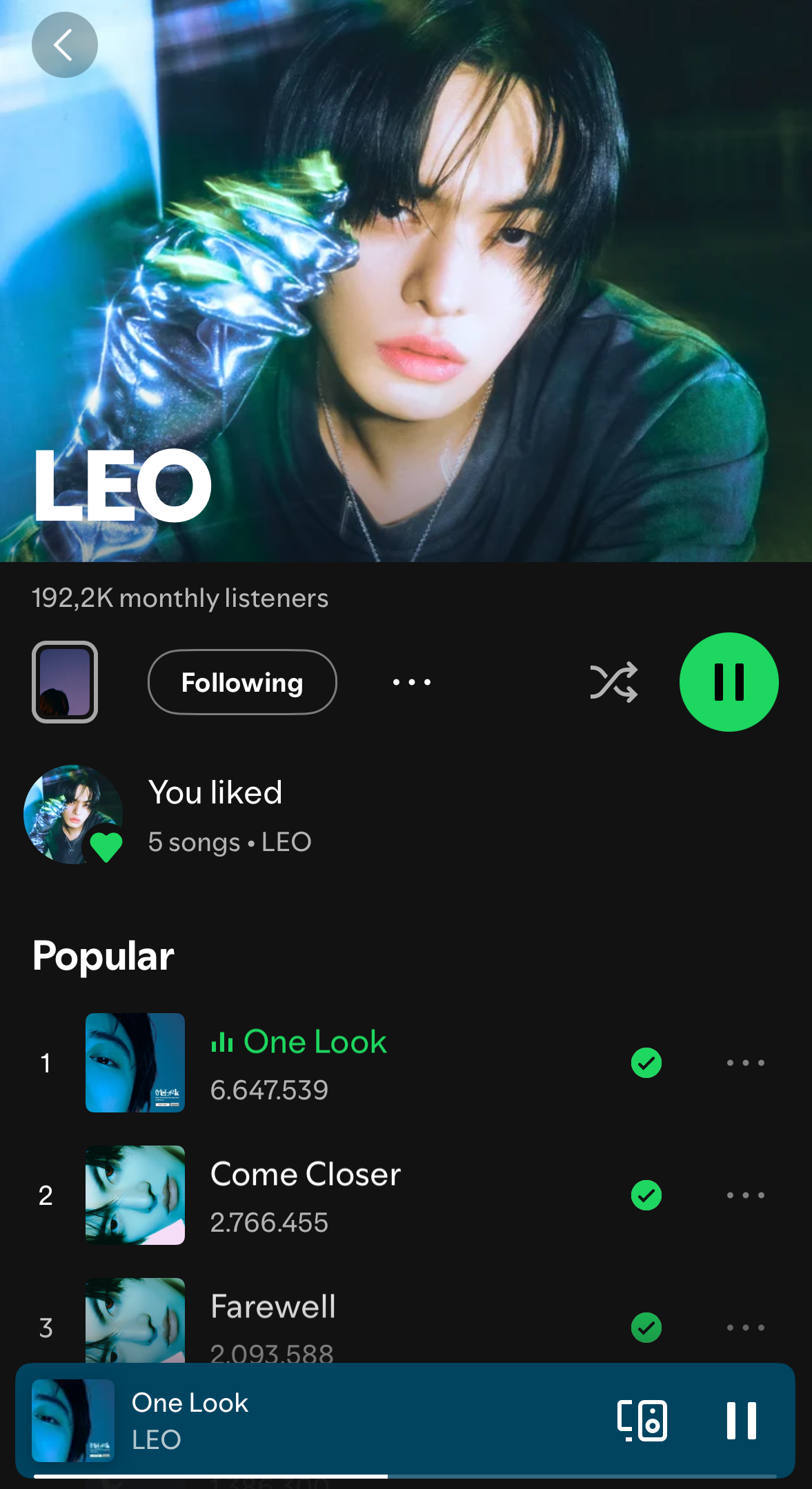 LEO’s Spotify artist profile playing a song