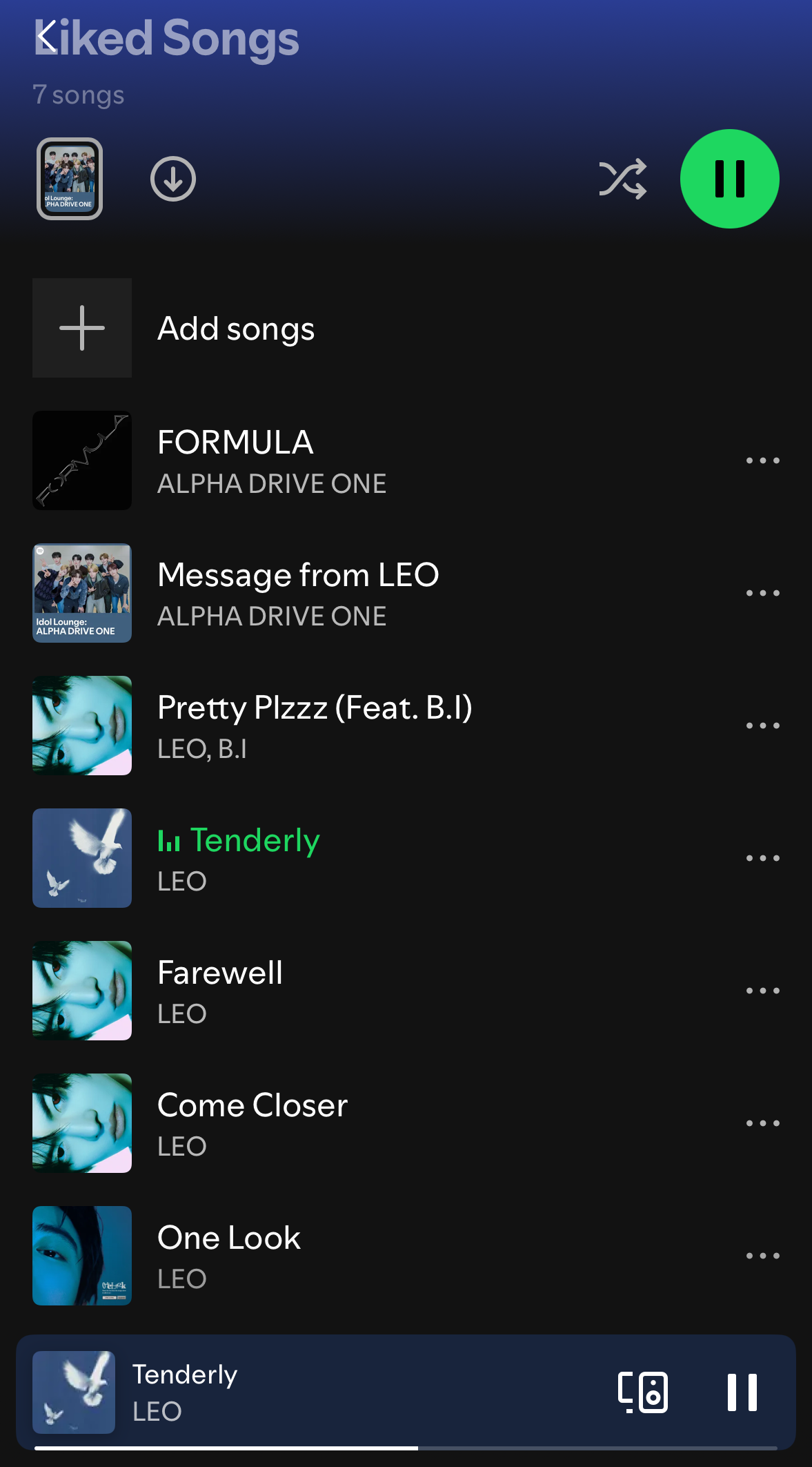 Spotify Liked Songs library containing LEO songs